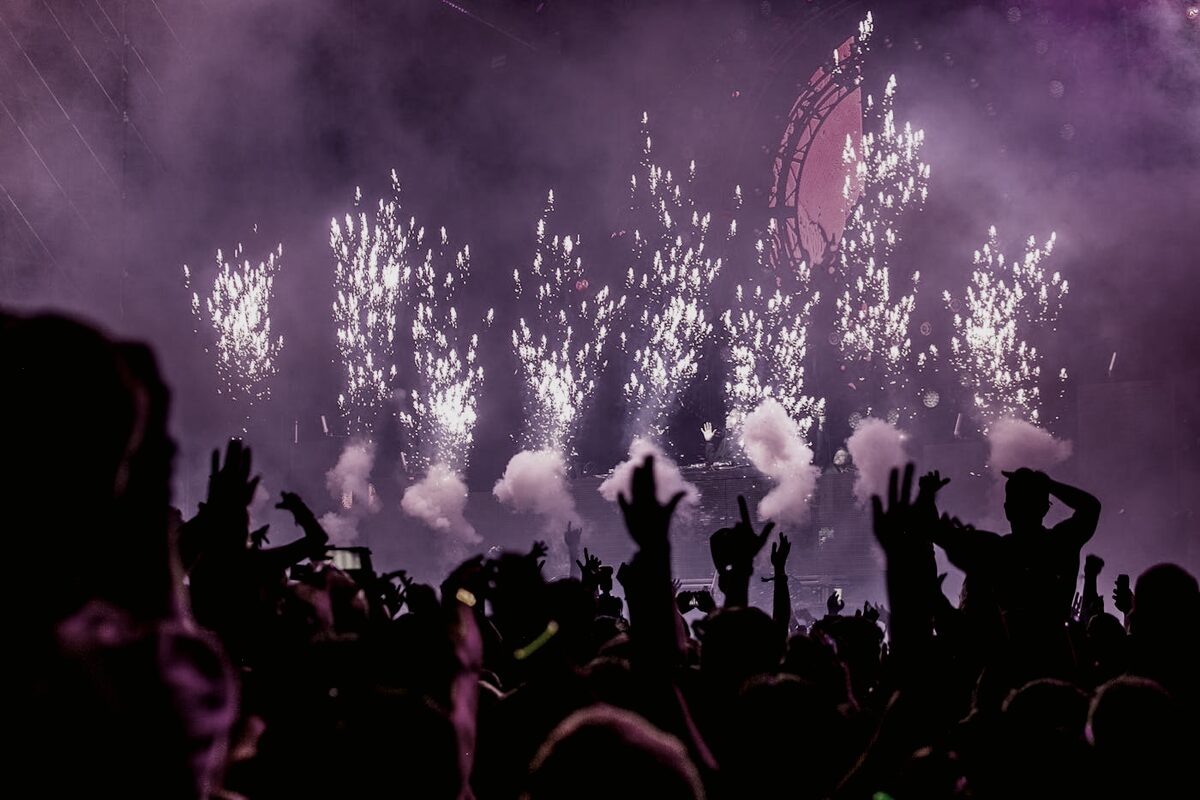 A festival crowd at night